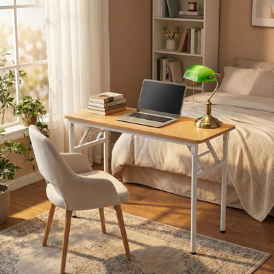 Wood Colour Folding Office Desk with Adjustable Foot Pads, 100cm W x 40cm D x 75cm H