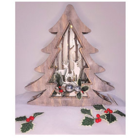 Wood Effect Christmas Tree 38cm with Deer Scene and Warm White LEDs