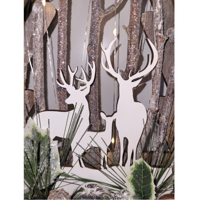 Wood Effect Christmas Tree 38cm with Deer Scene and Warm White LEDs
