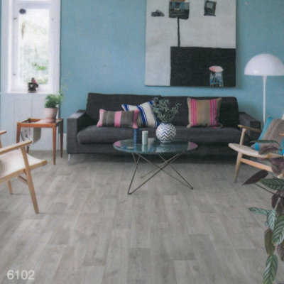 Wood Effect Grey Anti-Slip Vinyl Flooring For LivingRoom, Kitchen, 3.8mm Cushion Backed Vinyl Sheet -6m(19'8") X 2m(6'6")-12m²