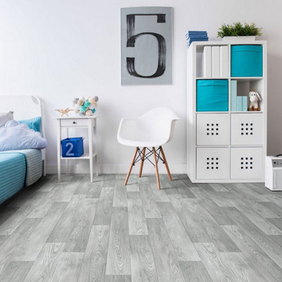 Wood Effect Non Slip Grey Vinyl Flooring For LivingRoom, Kitchen, 2.0mm Textile Backing Vinyl Sheet -1m(3'3") X 2m(6'6")-2m²