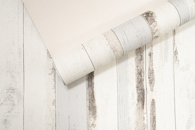 Wood Effect Wallpaper Grey Brown Cream Textured Rustic Painted Panels