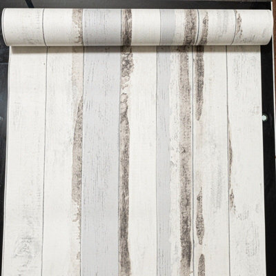 Wood Effect Wallpaper Grey Brown Cream Textured Rustic Painted Panels Ugepa