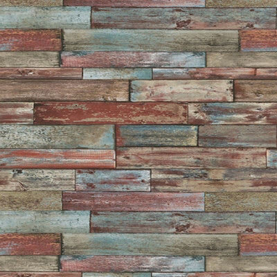 Wood Effect Wallpaper Red Blue Brown Wooden Weathered Planks Boards Panels