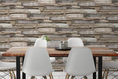 Rustic wood panel effect wallpaper in a dining room.