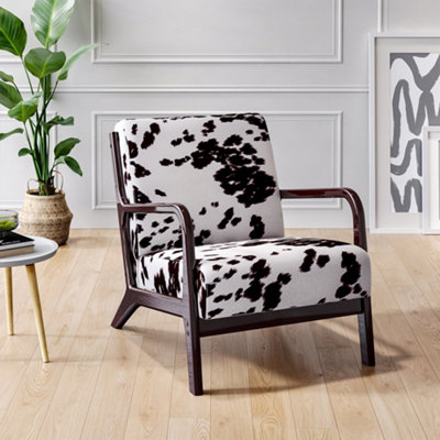 Wood Frame Black and White Spots Velvet Upholstered Armchair
