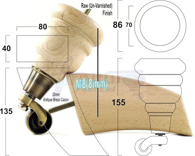 WOOD FURNITURE FEET 2x WITH CASTORS 2x CURVED BACK REPLACEMENT LEGS FOR SOFAS CHAIRS STOOLS SETTEES M8 RJB165