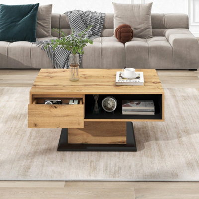 Wood Grain Coffee Table with a Handleless Drawer, Storage Compartment and Rear Storage Compartment, Double-sided Storage