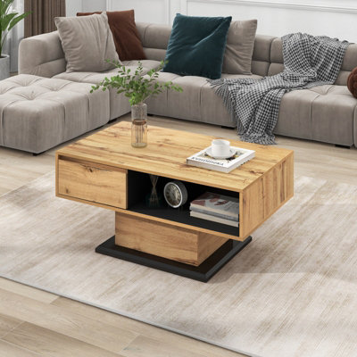 Wood Grain Coffee Table with a Handleless Drawer, Storage Compartment and Rear Storage Compartment, Double-sided Storage