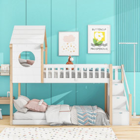Wood House Bunk Bed, Cabin Bed Frame, Wooden Bunk Bed Frame with Ladder and Storage Space (Natural and White)