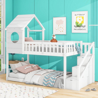 Wood House Bunk Bed, Cabin Bed Frame, Wooden Bunk Bed Frame with Ladder and Storage Space (White)