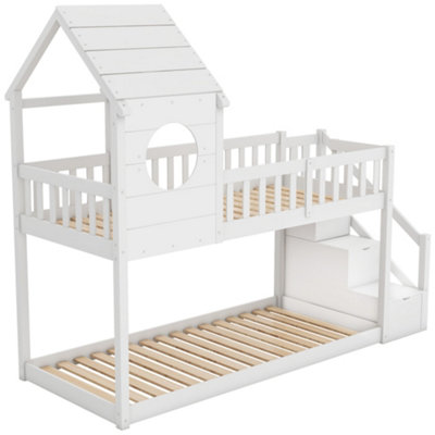 Wood House Bunk Bed, Cabin Bed Frame, Wooden Bunk Bed Frame with Ladder and Storage Space (White)