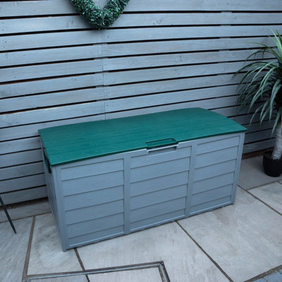 Wood Panel Effect Outdoor Storage Box - Weatherproof Wheeled Storage Chest for Garden Equipment - H54x W112 x D49cm