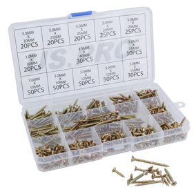 Wood Screws Assorted Sizes Pozi Drive Countersunk Fully Threaded 420pcs