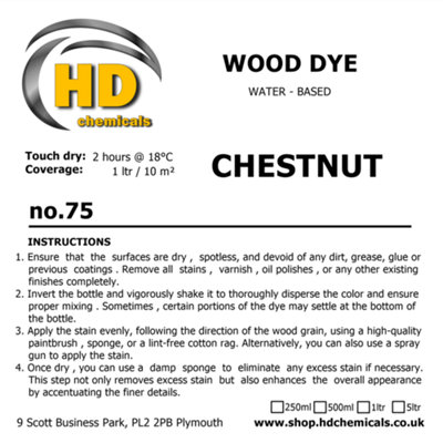 Wood Stain Dye CHESTNUT, Water Based, Non Toxic, Interior Use 1ltr