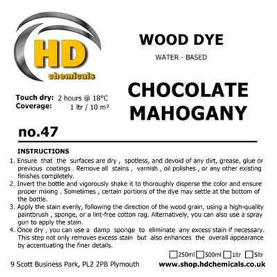 Wood Stain Dye CHOCOLATE MAHOGANY, Water Based, Non Toxic, Interior Use 500ml