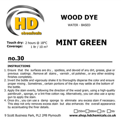 Wood Stain Dye MINT GREEN , Water Based, Non Toxic, Interior Use 1ltr