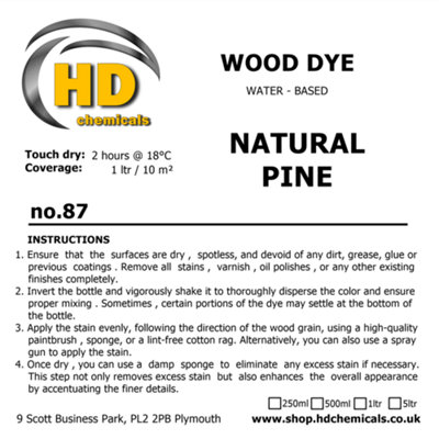 Wood Stain Dye NATURAL PINE, Water Based, Non Toxic, Interior Use 1ltr