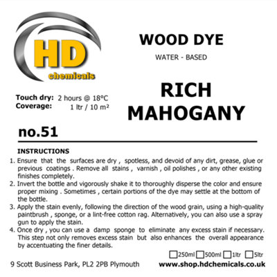 Wood Stain Dye RICH MAHOGANY, Water Based, Non Toxic, Interior Use 1ltr