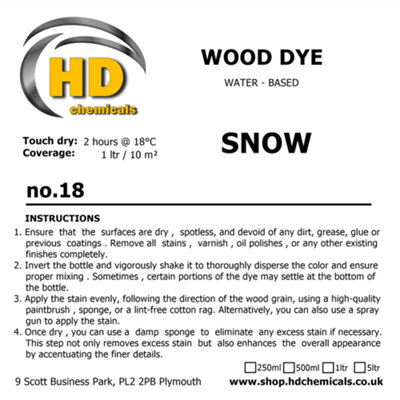 Wood Stain Dye SNOW , White, Water Based, Non Toxic, Interior Use 1ltr