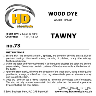 Wood Stain Dye TAWNY, Water Based, Non Toxic, Interior Use 1ltr