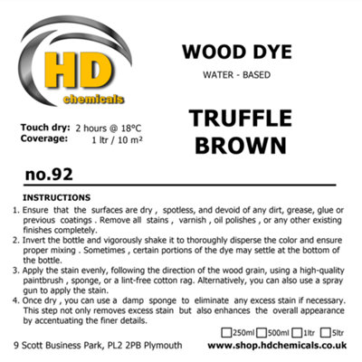 Wood Stain Dye TRUFFLE BROWN, Water Based, Non Toxic, Interior Use 1ltr