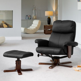 Woodacre 88cm Wide Compact Black Bonded Leather 360 Degree Ergonomic Swivel Base Recliner Chair and Footstool