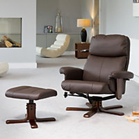 Woodacre 88cm Wide Compact Brown Bonded Leather 360 Degree Ergonomic Swivel Base Recliner Massage Heat Chair and Footstool