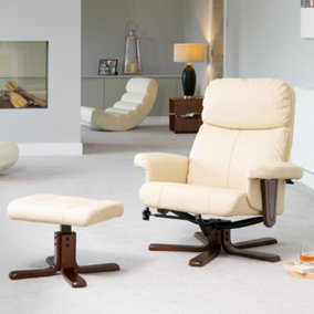 Woodacre 88cm Wide Compact Cream Bonded Leather 360 Degree Ergonomic Swivel Base Recliner Chair and Footstool