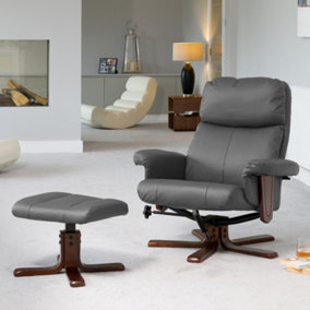Woodacre 88cm Wide Compact Grey Bonded Leather 360 Degree Ergonomic Swivel Base Recliner Chair and Footstool