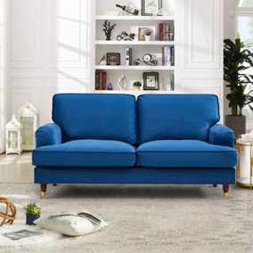 Woodbury 158cm Wide 2 Seat Blue Velvet Fabric Sofa Walnut Colour Legs with Brass Coloured Wheel