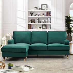 Woodbury 218cm Reversible Green Velvet Fabric Corner Sofa Walnut Colour Legs with Brass Coloured Wheel