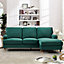 Woodbury 218cm Reversible Green Velvet Fabric Corner Sofa Walnut Colour Legs with Brass Coloured Wheel