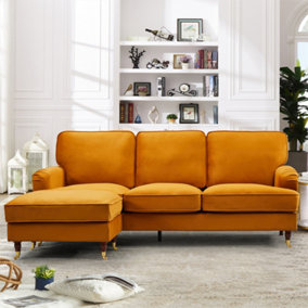 Woodbury 218cm Reversible Orange Velvet Fabric Corner Sofa Walnut Colour Legs with Brass Coloured Wheel