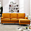 Woodbury 218cm Reversible Orange Velvet Fabric Corner Sofa Walnut Colour Legs with Brass Coloured Wheel