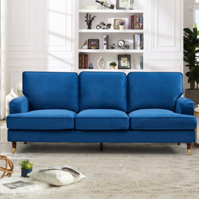 Woodbury 218cm Wide 3 Seat Blue Velvet Fabric Sofa Walnut Colour Legs with Brass Coloured Wheel