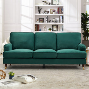 Woodbury 218cm Wide 3 Seat Green Velvet Fabric Sofa Walnut Colour Legs with Brass Coloured Wheel