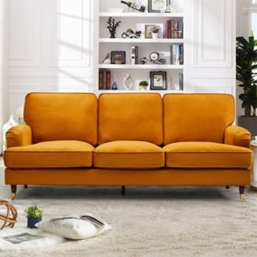Woodbury 218cm Wide 3 Seat Orange Velvet Fabric Sofa Walnut Colour Legs with Brass Coloured Wheel