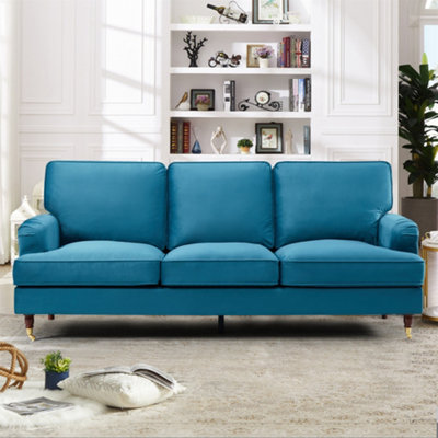 Woodbury 218cm Wide 3 Seat Teal Velvet Fabric Sofa Walnut Colour Legs with Brass Coloured Wheel