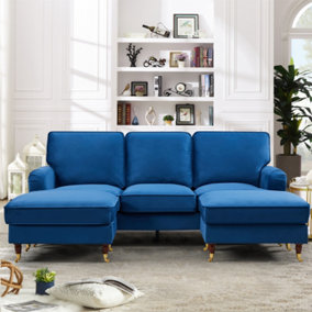 Woodbury 218cm Wide U-Shaped Blue Velvet Fabric Corner Sofa Walnut Colour Legs with Brass Coloured Wheel