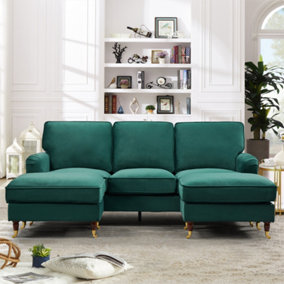Woodbury 218cm Wide U-Shaped Green Velvet Fabric Corner Sofa Walnut Colour Legs with Brass Coloured Wheel