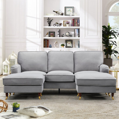 Woodbury 218cm Wide U-Shaped Grey Velvet Fabric Corner Sofa Walnut Colour Legs with Brass Coloured Wheel