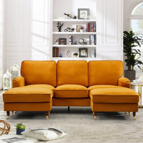 Woodbury 218cm Wide U-Shaped Orange Velvet Fabric Corner Sofa Walnut Colour Legs with Brass Coloured Wheel