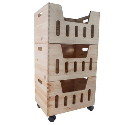 Woodeedoo 3 Tier Wooden Storage Box Set with Wheels Lightweight Open ...