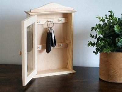 Woodeedoo Glass Door Wooden Key Box Cabinet with 6 Hooks Wall Mounted ...