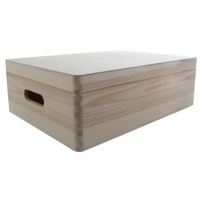 Woodeedoo Large Shallow Wooden Storage Box with Hinged Lid and Handles ...