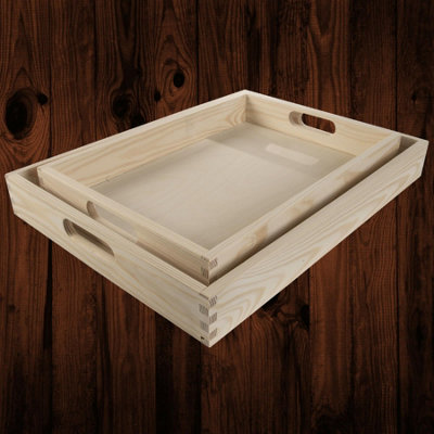 Woodeedoo Set of 2 Nesting Wooden Serving Trays with Handles in Unfinished Pine for Medium and Large Size Snacks or Display Use