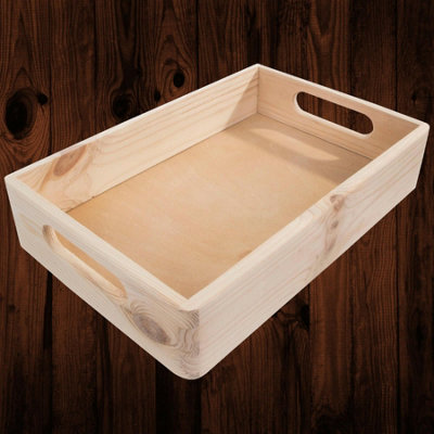 Woodeedoo Shallow Stackable Wooden Tray Box Pine Storage Crate for Serving Coffee Kitchen Drawer Cupboard Office 37.5x29.5x7cm