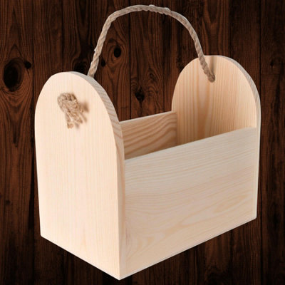 Woodeedoo Small Wooden Trug with Rope Handle for Decorative Storage Gift Display Tabletop Planter or Craft Use 19.5x12x17.5 cm