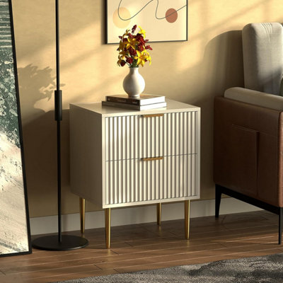 Wooden 2 Drawer Chic Fluted Bedside End Sofa Table Nightstand For Living Bedroom Home With 4 Golden Legs for Bedroom & Living Room